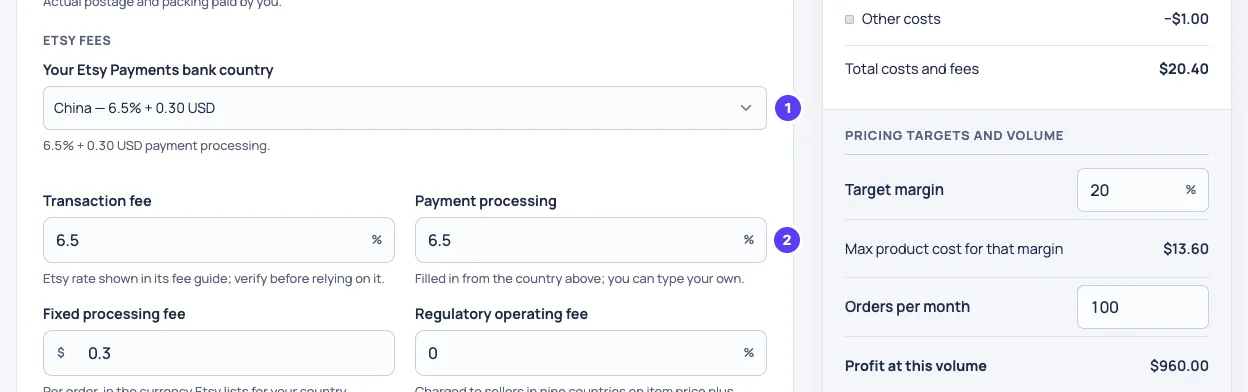 Selnook Etsy fee calculator with China chosen as the Etsy Payments bank country