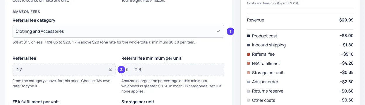 Selnook Amazon FBA calculator with Clothing and Accessories chosen as the referral fee category