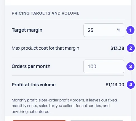 Selnook pricing targets panel: target margin, max product cost, orders per month and monthly profit